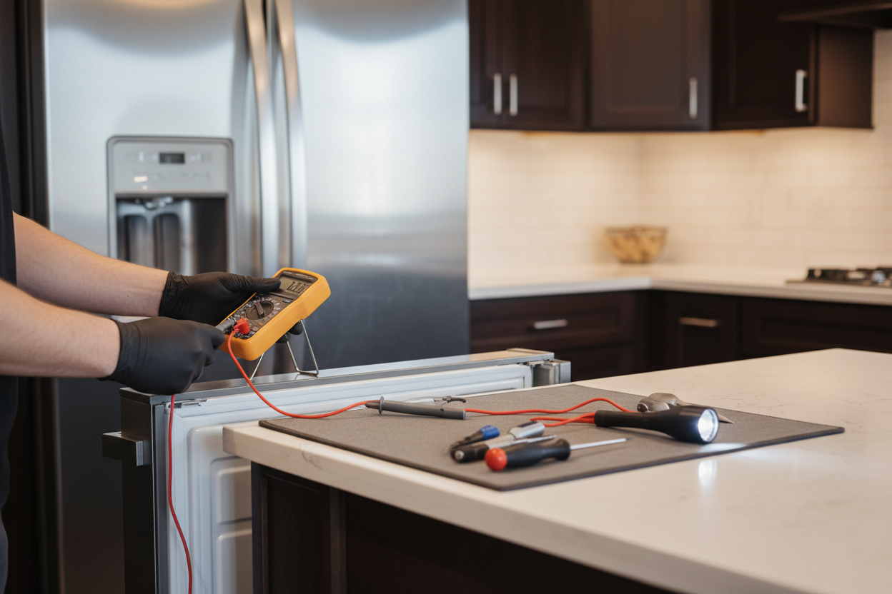 Technician performing KitchenAid refrigerator diagnostics
