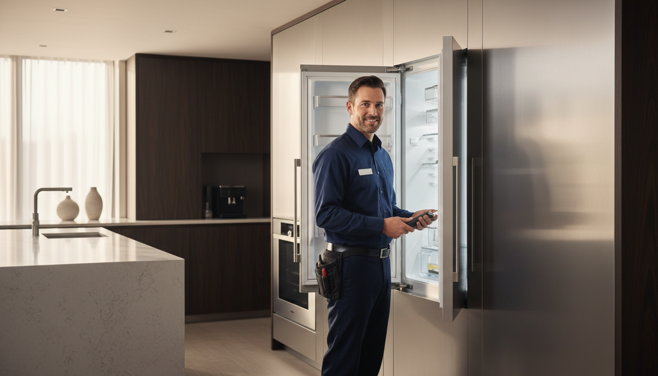 Professional appliance repair technician working in a home